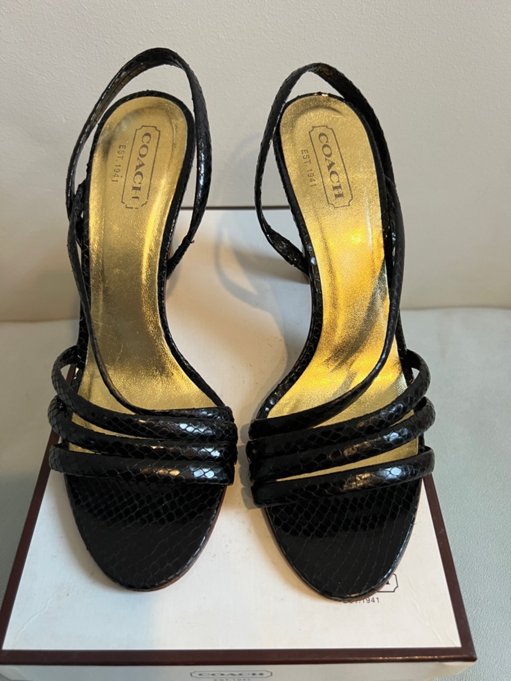 Coach Beatriz Black Python embossed Leather Multi-Strap Slingback Heels